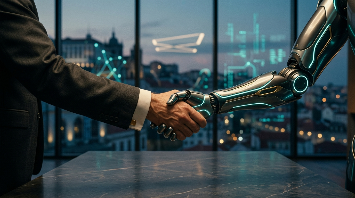 Um aperto de mão entre um humano e um braço robótico elegante, simbolizando a parceria entre a regulação europeia e a tecnologia.
