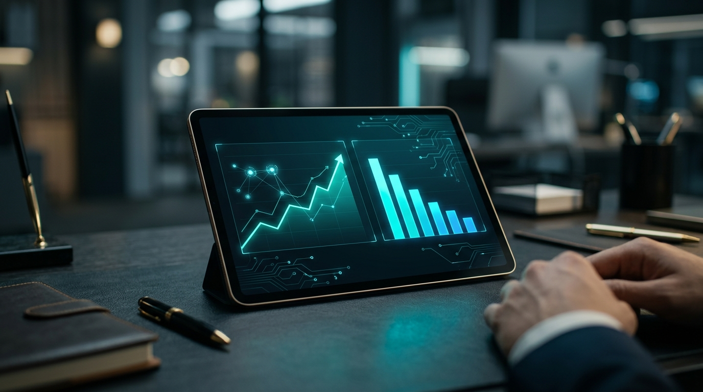 Gráficos de barras e linhas num tablet mostrando o aumento de produtividade e a redução de custos após a implementação de automação com inteligência artificial