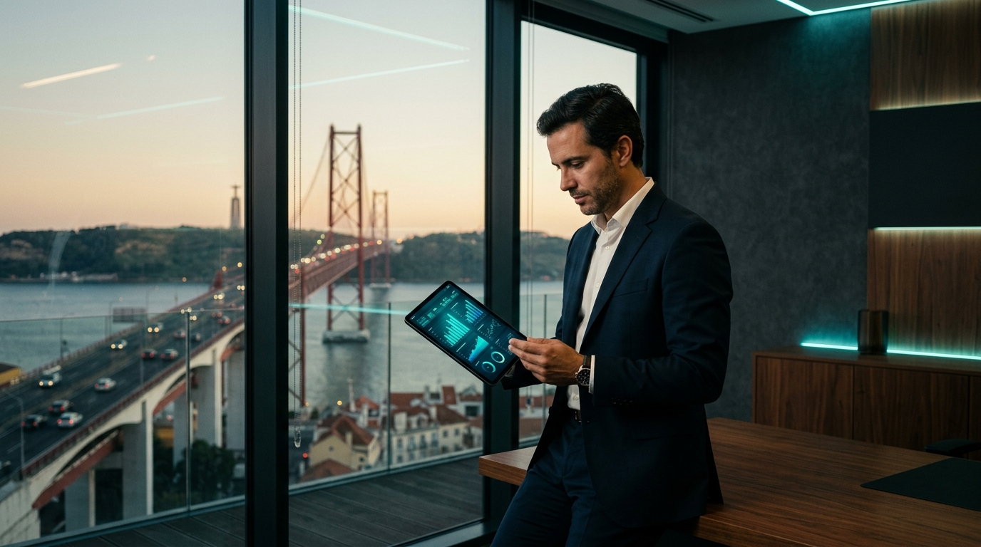 Um empresário português num escritório moderno em Lisboa a analisar gráficos de crescimento digital num tablet com a Ponte 25 de Abril ao fundo