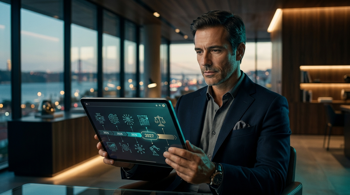 Um empresário português a observar um cronograma digital num tablet, com ícones de inteligência artificial e datas de 2025 a 2027 em destaque.