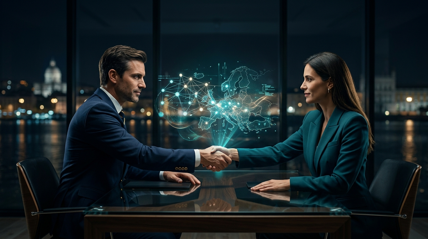 Duas pessoas de negócios numa reunião em Portugal a apertar as mãos com uma projeção holográfica de rede neuronal entre elas.