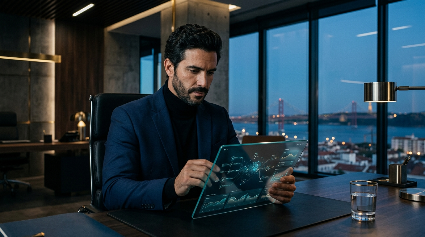 Um empresário português no seu escritório moderno em Lisboa a analisar dados de inteligência artificial num tablet de última geração.
