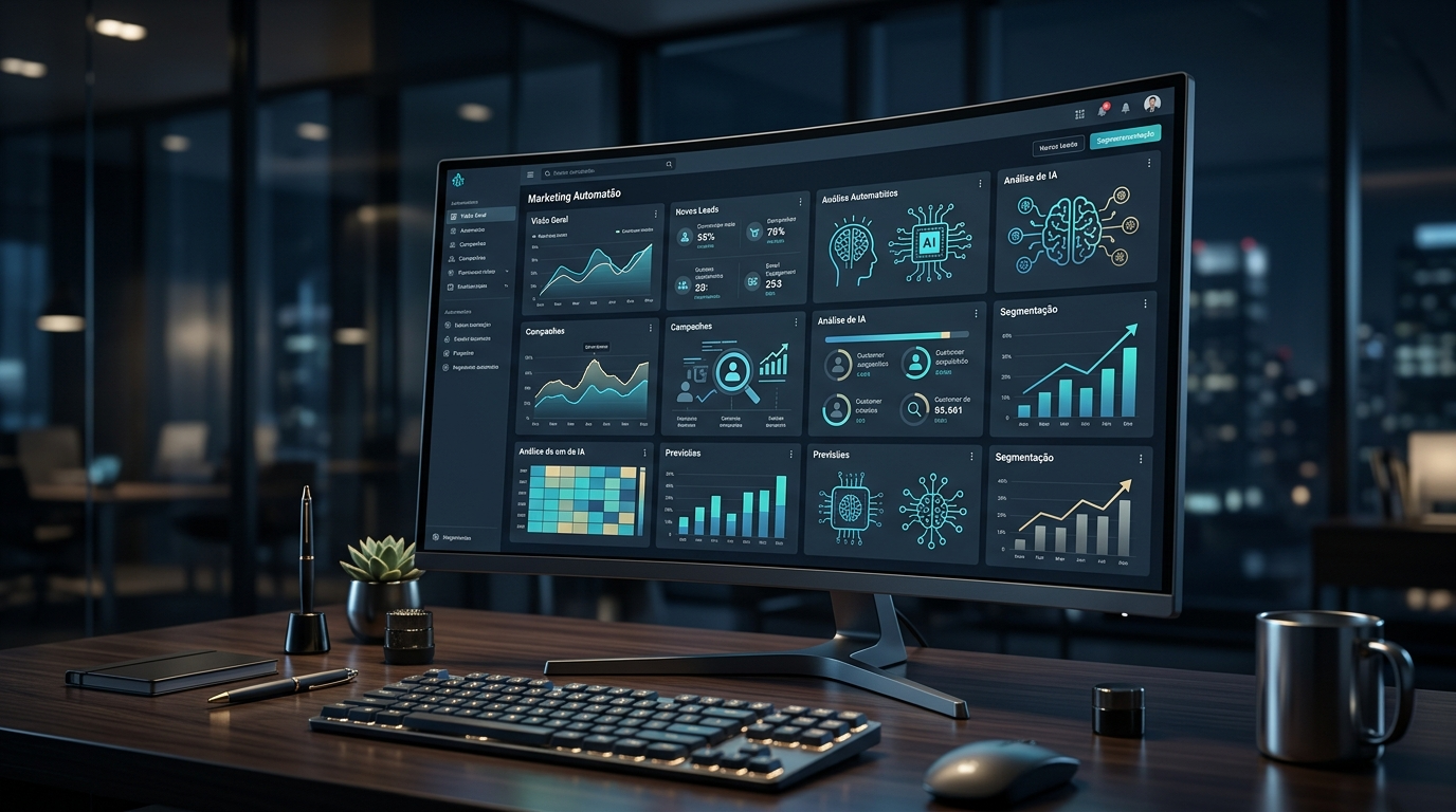 Ecrã de computador mostrando um painel de controlo de automação de marketing com métricas em português e ícones de inteligência artificial