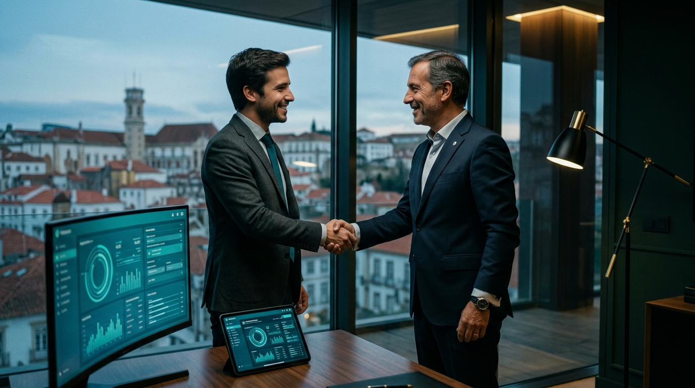 Dois profissionais portugueses a apertar a mão num escritório de Coimbra celebrando a implementação bem-sucedida de um sistema tecnológico
