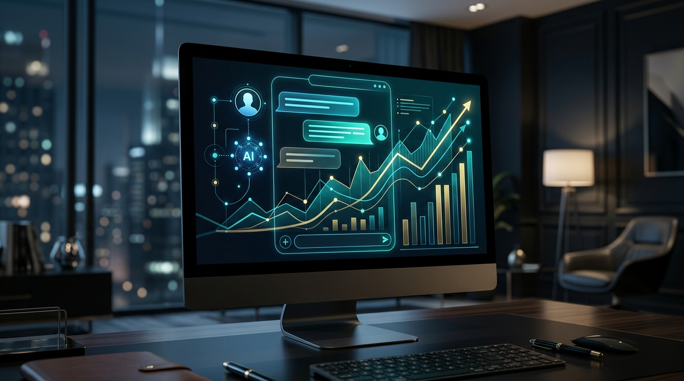 Ecrã de computador exibindo uma interface de chat de inteligência artificial com gráficos de crescimento de vendas sobrepostos.